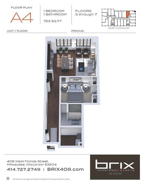 Floor plan for 1 bed, 1 bath, 763 sqft